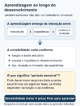 Diagrama conceitual da aprendizagem ao longo do desenvolvimento: maturação, experiência e contexto interagem; a sensibilidade varia por função, tarefa, pessoa e experiência. Períodos sensíveis não são prazos universais, e aprender continua ao longo da vida.