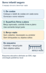 Esquema didático de berço vazio para sono infantil: bebê colocado de costas, colchão firme e plano com lençol justo; sem travesseiros, cobertas, protetores, brinquedos ou objetos soltos.