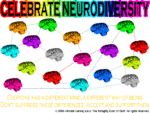 GIF animado com o texto “Celebrate Neurodiversity”, ilustrações coloridas de cérebros e uma frase de incentivo à aceitação das diferenças.