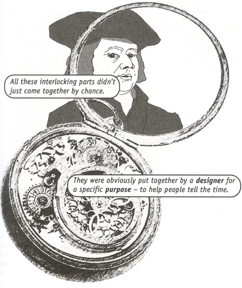 GIF animado em preto e branco com uma figura desenhada e um relógio de bolso, acompanhado por balões de texto.