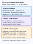 Esquema que separa a associação bioquímica da tau com microtúbulos, os achados de emaranhados e fios neuropilares em tecido humano e o limite de que estágios de autópsia não definem uma trajetória individual, destino neuronal ou terapia.